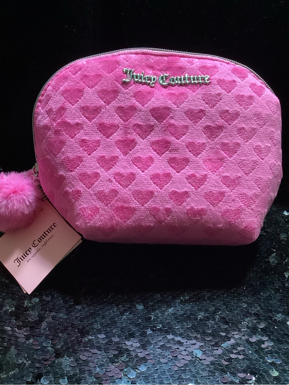 Juicy Couture Hot Pink Heart-Textured Cosmetic Bag with Pom Pom